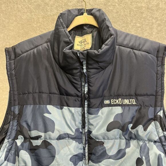 Ecko Unlimited Mens XL Puffer Camo Vest Jacket Blue Camp Y2K 90's - Picture 2 of 9